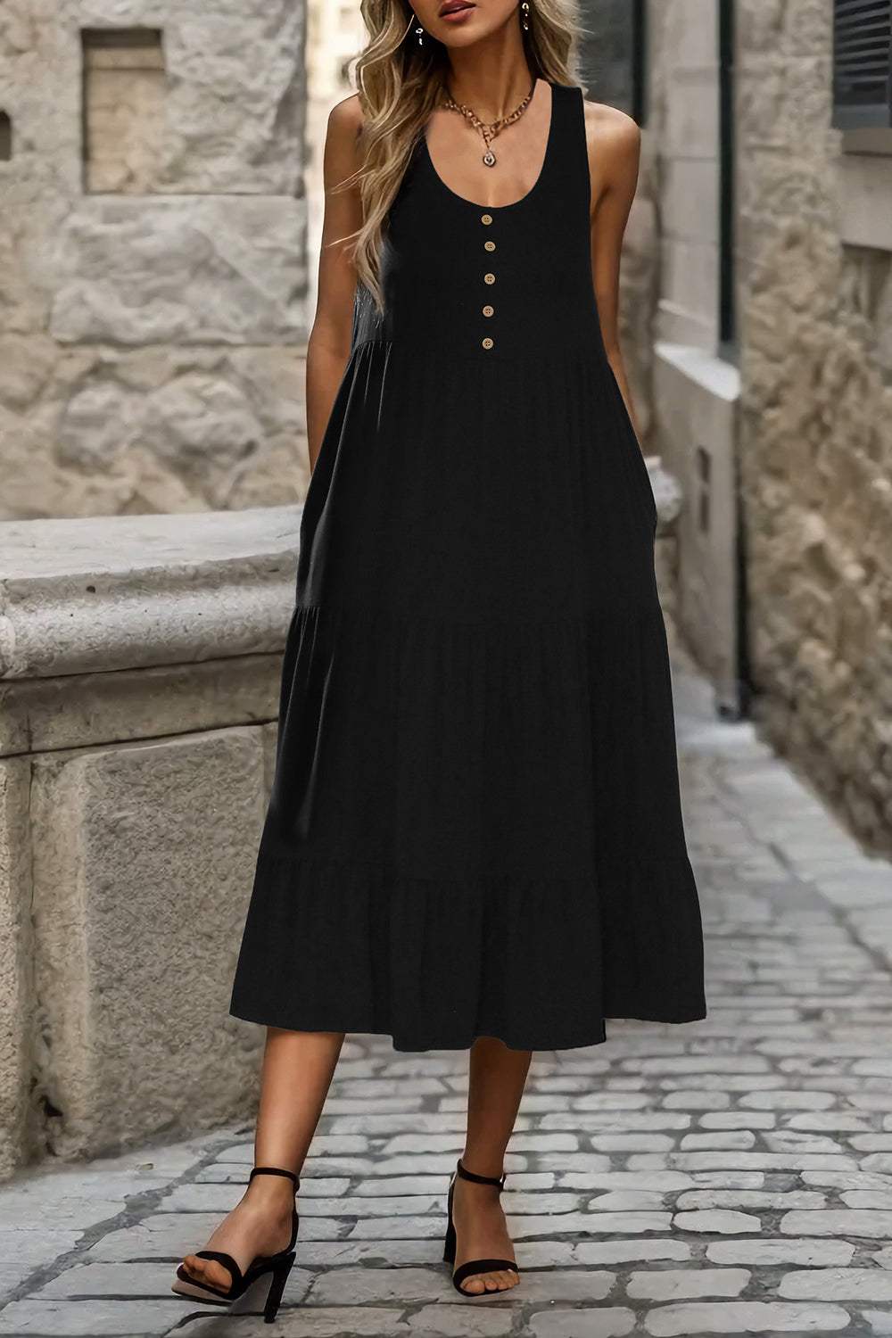 Decorative Button Tiered Tank Dress - Trendsi - Flyclothing LLC