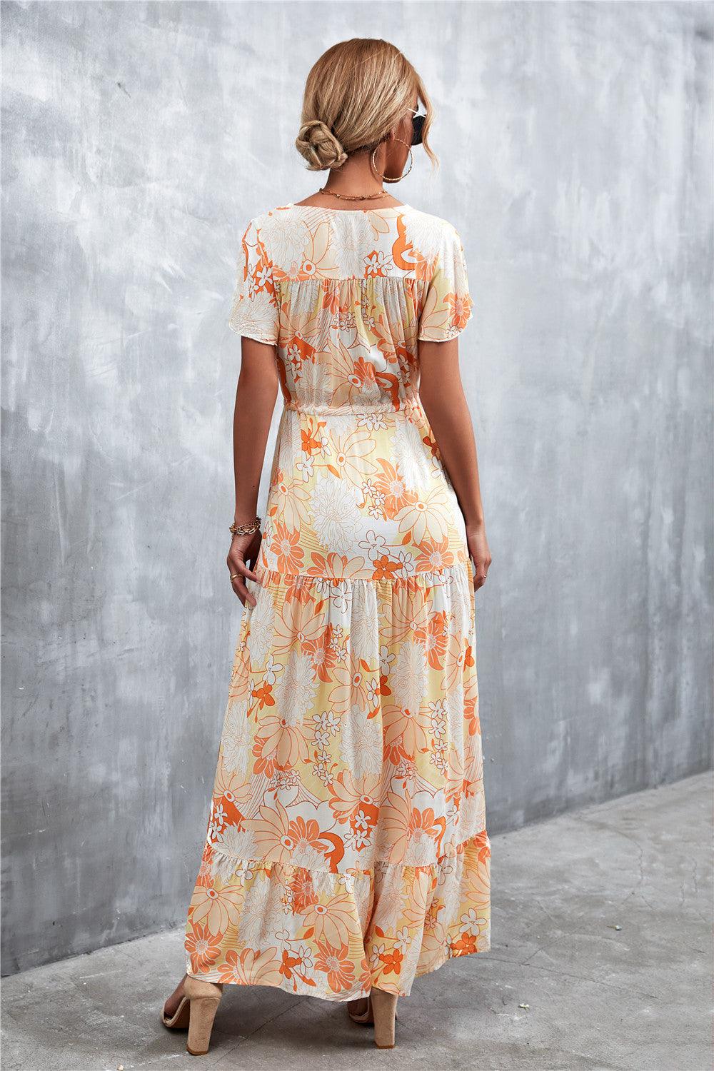 Floral Buttoned Drawstring Waist Tiered Dress - Trendsi - Flyclothing LLC