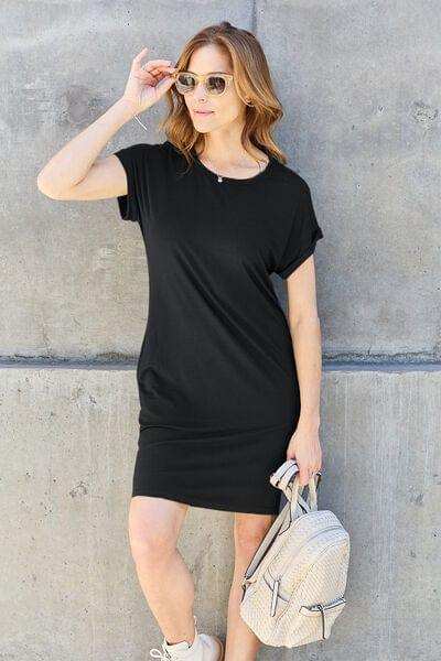 Basic Bae Full Size Round Neck Short Sleeve Dress with Pockets - Trendsi - Flyclothing LLC