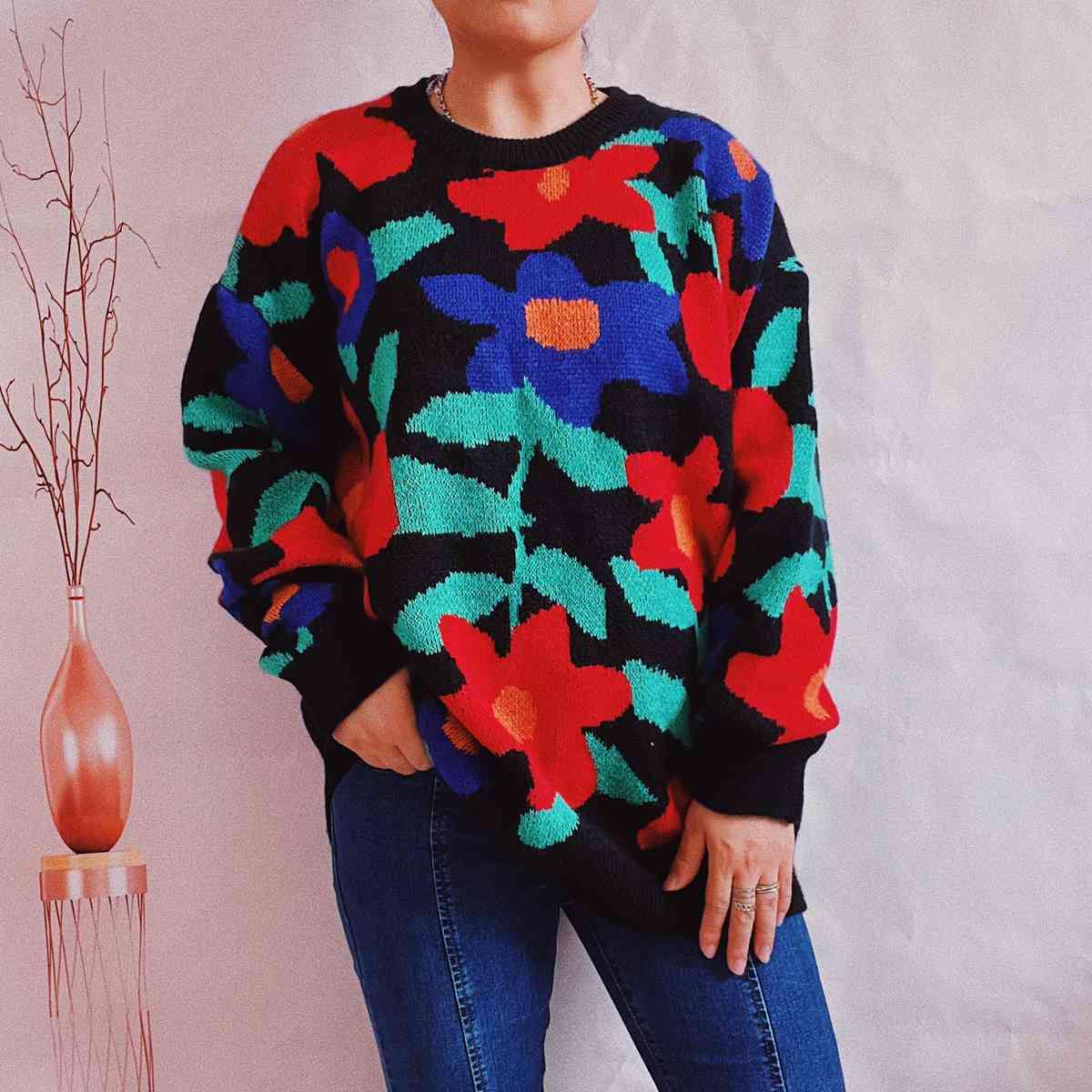 Floral Print Round Neck Drop Shoulder Sweater - Trendsi