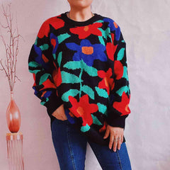 Floral Print Round Neck Drop Shoulder Sweater - Trendsi