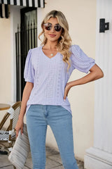 Eyelet Puff Sleeve V-Neck Top - Trendsi - Flyclothing LLC