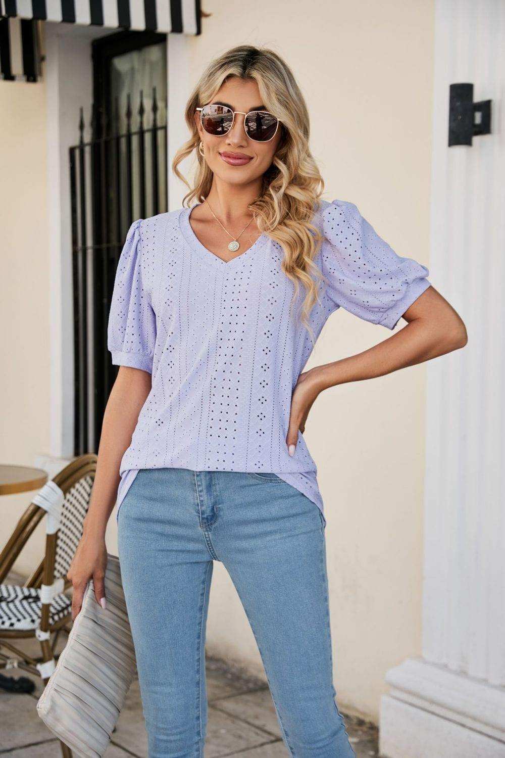 Eyelet Puff Sleeve V-Neck Top - Trendsi - Flyclothing LLC