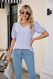Eyelet Puff Sleeve V-Neck Top - Trendsi - Flyclothing LLC