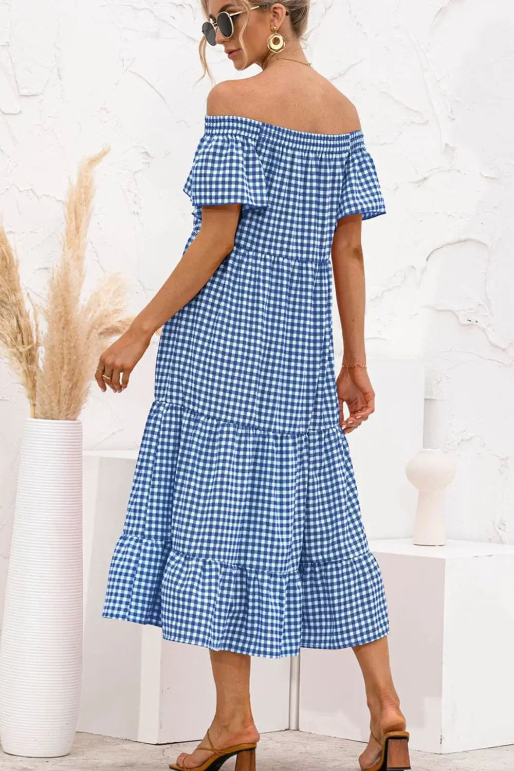 Plaid Off-Shoulder Tiered Midi Dress - Trendsi - Flyclothing LLC
