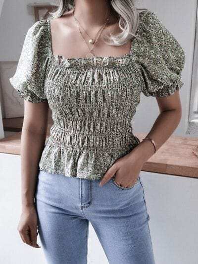 Frill Smocked Square Neck Short Sleeve Blouse - Trendsi - Flyclothing LLC
