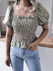 Frill Smocked Square Neck Short Sleeve Blouse - Trendsi
