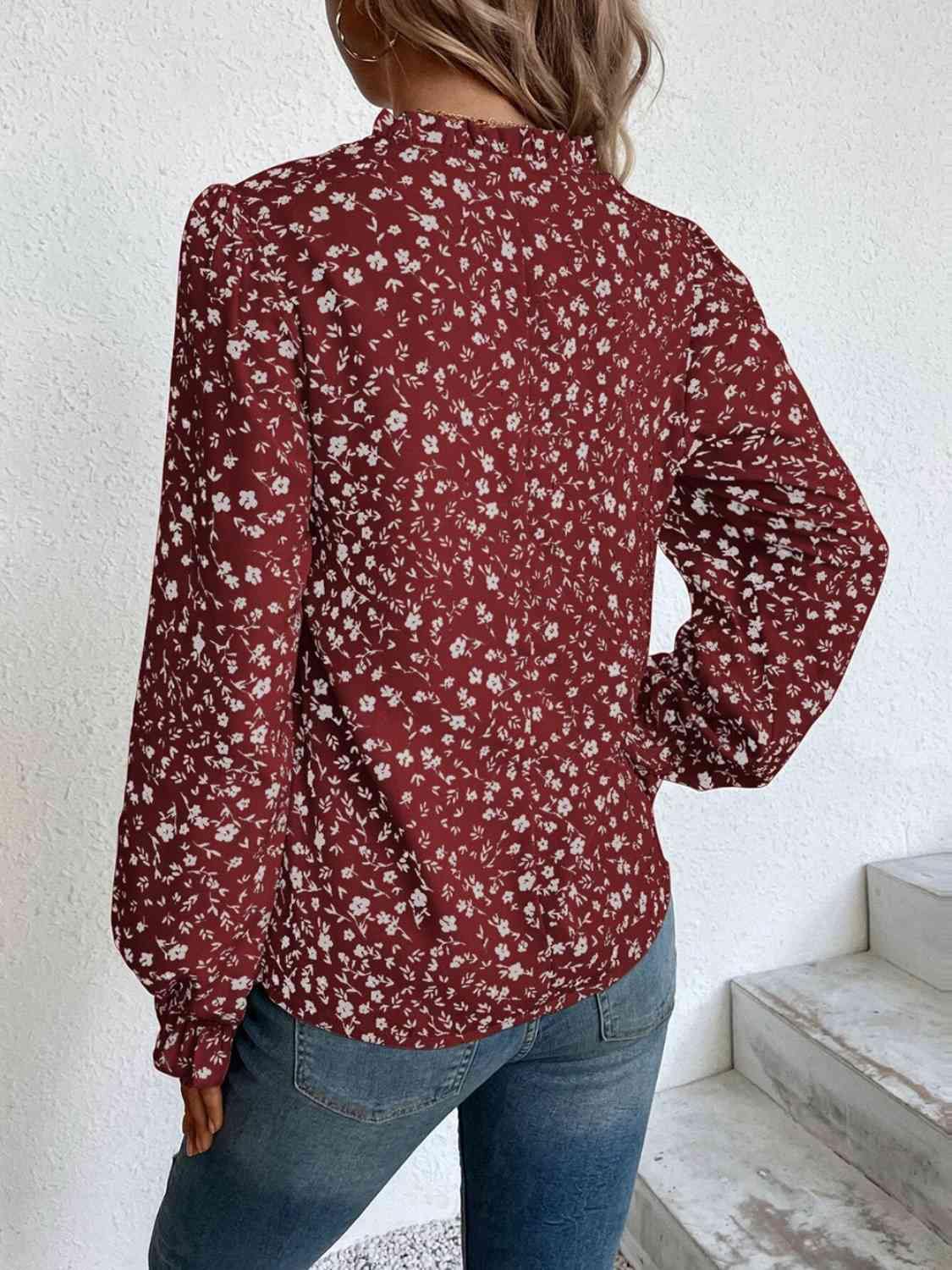 Notched Neck Flounce Sleeve Blouse - Trendsi