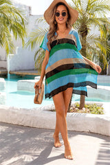 Openwork Striped V-Neck Short Sleeve Cover Up - Trendsi - Flyclothing LLC