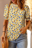 Floral Puff Sleve Keyhole Blouse - Trendsi