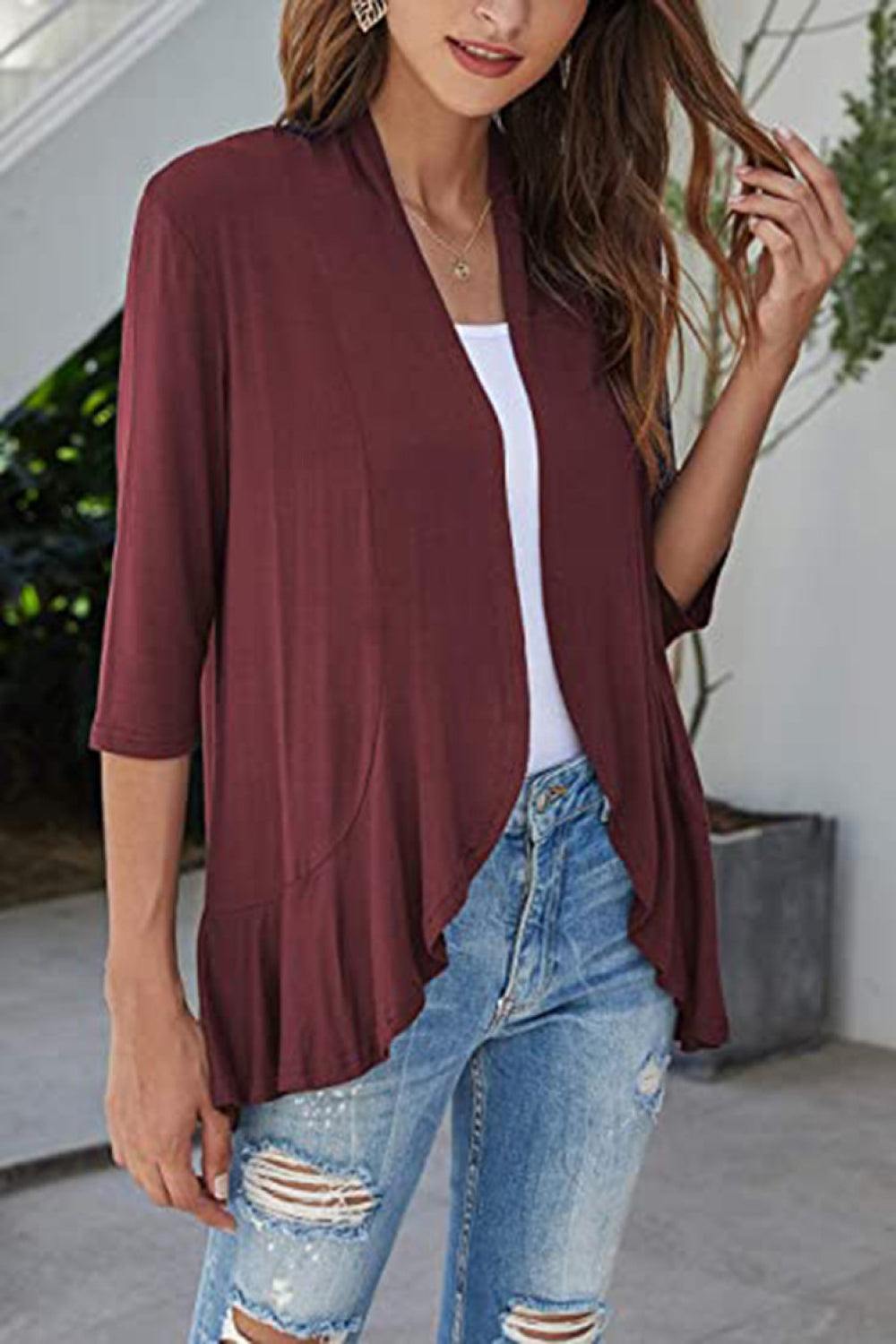 Open Front Ruffle Trim Cardigan - Trendsi