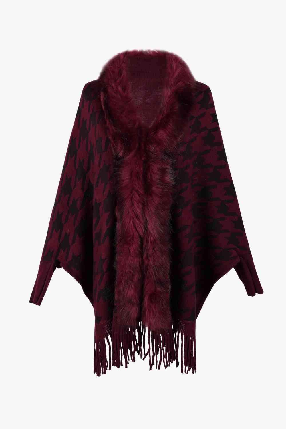 Houndstooth Fringe Hem Poncho - Trendsi - Flyclothing LLC