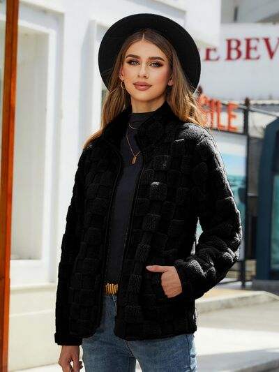 Fuzzy Checkered Zip Up Jacket - Trendsi - Flyclothing LLC