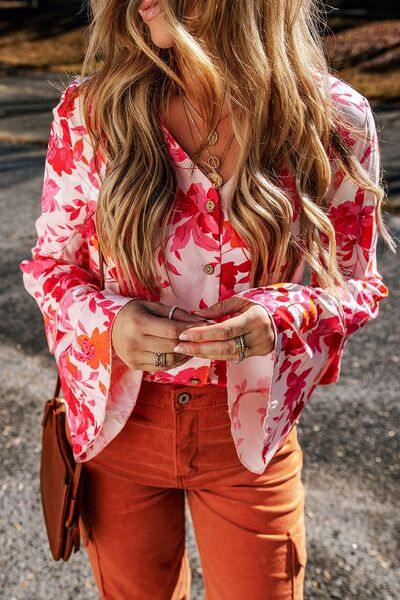 Floral Flare Sleeve Button Up V-Neck Bodysuit - Trendsi