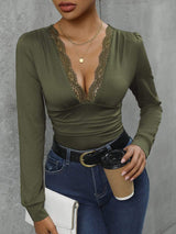 Lace Detail Plunge Long Sleeve Bodysuit - Trendsi - Flyclothing LLC