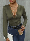 Lace Detail Plunge Long Sleeve Bodysuit - Trendsi - Flyclothing LLC