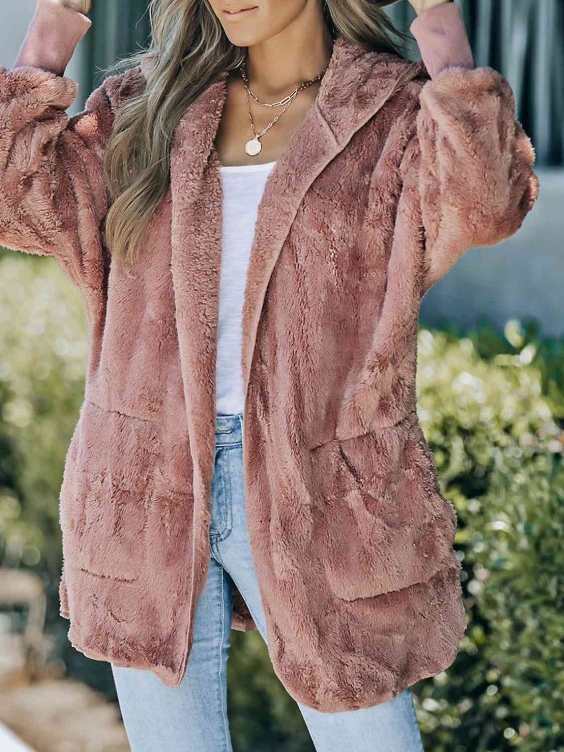 Teddy Hooded Jacket with Pockets - Trendsi - Flyclothing LLC