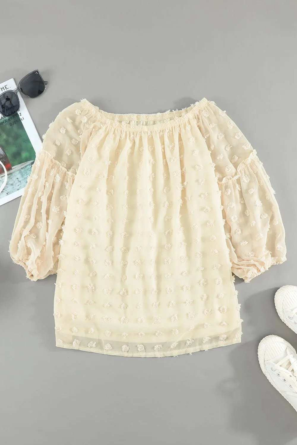 Swiss Dot Off-Shoulder Long Sleeve Blouse - Trendsi - Flyclothing LLC