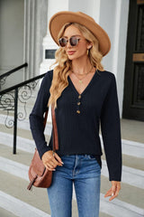 Cable-Knit Long Sleeve V-Neck T-Shirt - Trendsi