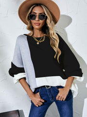 Color Block Balloon Sleeve Boat Neck Sweater - Trendsi