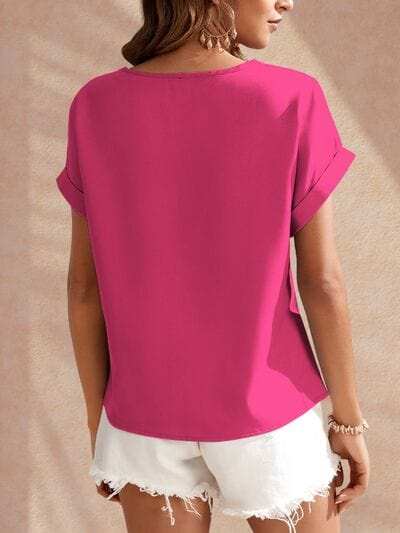 Round Neck Short Sleeve Blouse - Trendsi - Flyclothing LLC