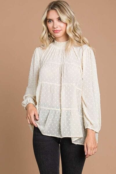 Culture Code Full Size Swiss Dot Smocked Mock Neck Blouse - Trendsi