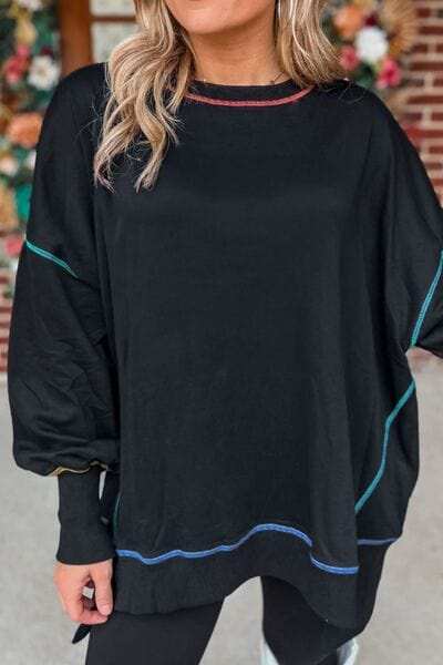 Slit Round Neck Lantern Sleeve Sweatshirt - Trendsi - Flyclothing LLC
