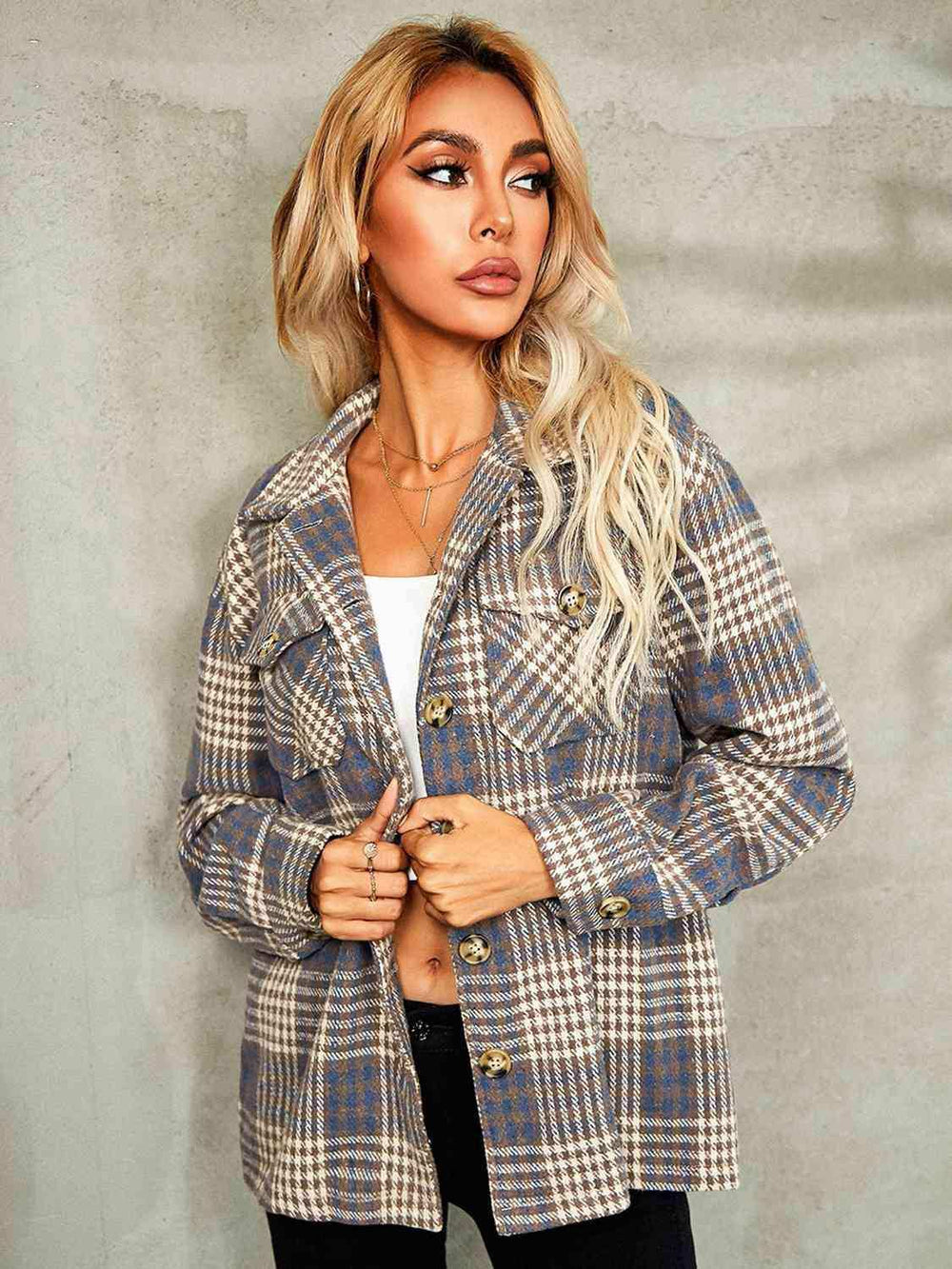 Plaid Button Down Collared Jacket - Trendsi - Flyclothing LLC