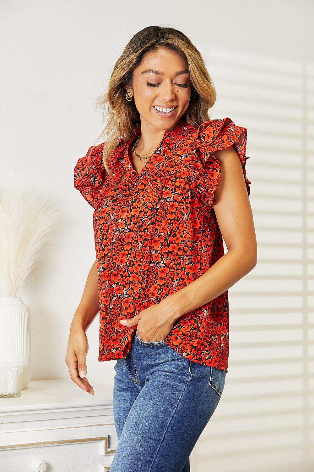 Double Take Floral Flutter Sleeve Notched Neck Blouse - Trendsi - Flyclothing LLC