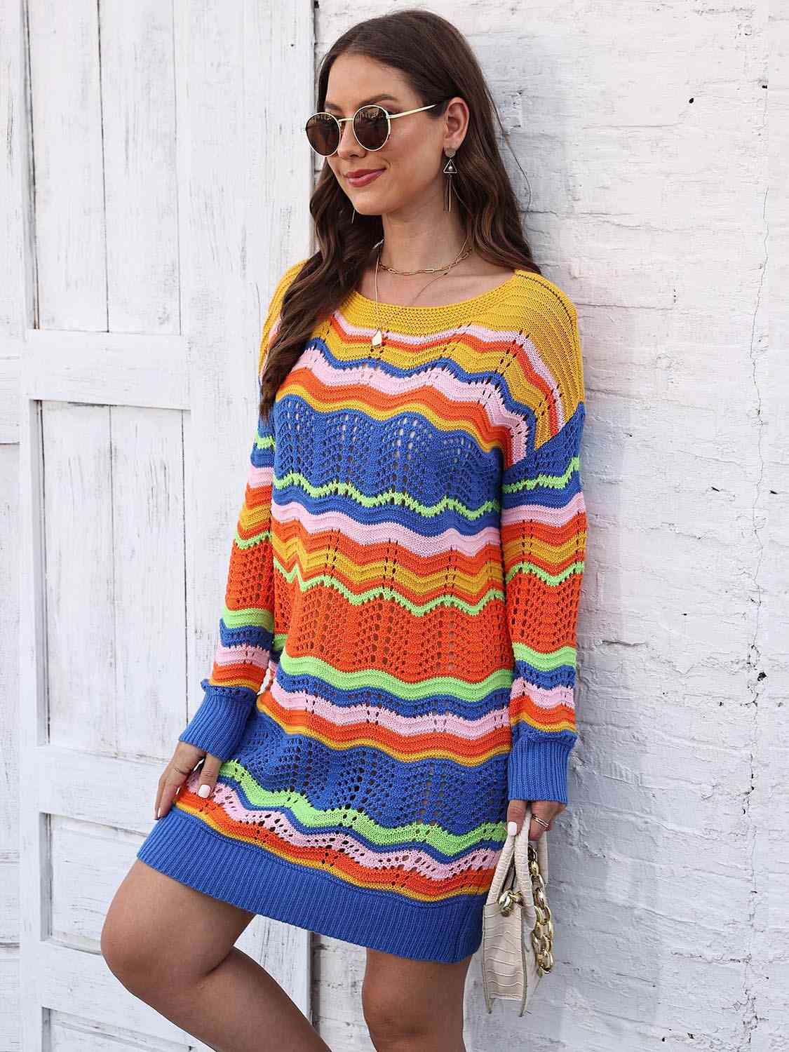 Openwork Round Neck Sweater Dress - Trendsi - Flyclothing LLC