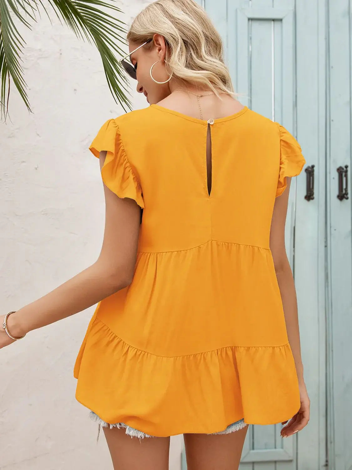 Round Neck Flutter Sleeve Tiered Blouse - Trendsi - Flyclothing LLC