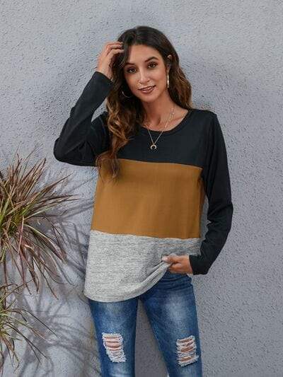 Color Block Round Neck Long Sleeve T-Shirt - Trendsi - Flyclothing LLC