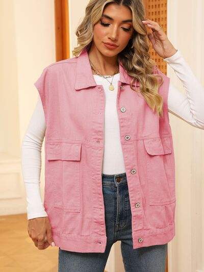 Pocketed Button Up Sleeveless Denim Jacket - Trendsi - Flyclothing LLC