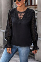 Lace Detail Smocked Flounce Sleeve Blouse - Trendsi
