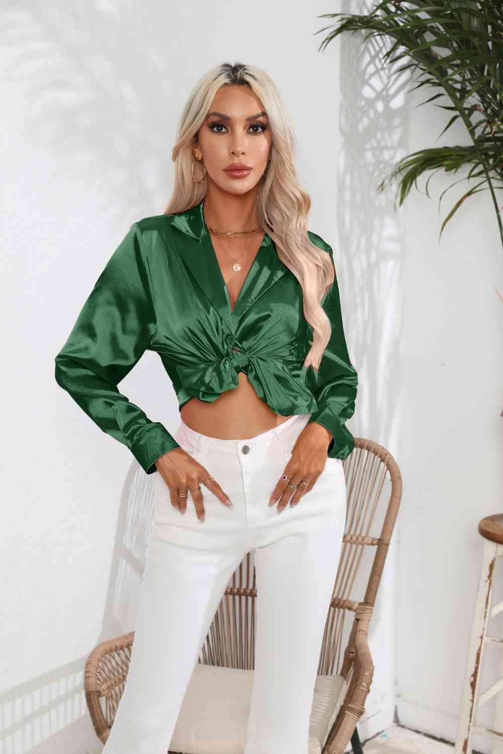 Lapel Collar Button Up Long Sleeve Shirt - Trendsi