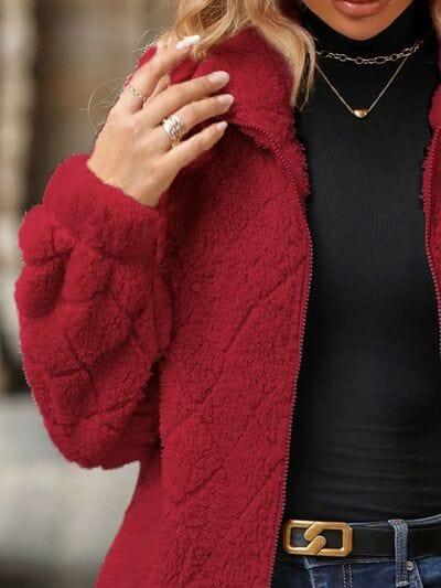 Fuzzy Pocketed Zip Up Jacket - Trendsi