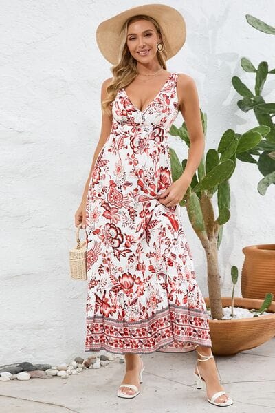 Printed V-Neck Wide Strap Dress - Trendsi