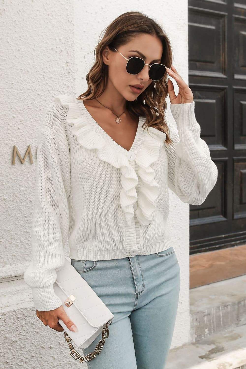 Ruffle Trim Button-Down Dropped Shoulder Sweater - Trendsi - Flyclothing LLC