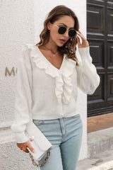 Ruffle Trim Button-Down Dropped Shoulder Sweater - Trendsi - Flyclothing LLC