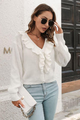 Ruffle Trim Button-Down Dropped Shoulder Sweater - Trendsi
