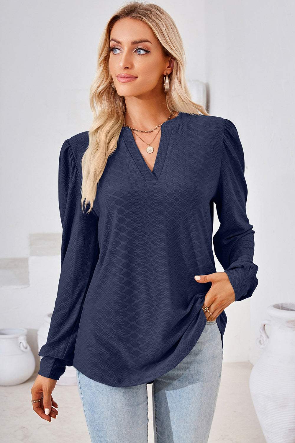 Notched Long Sleeve T-Shirt - Trendsi - Flyclothing LLC