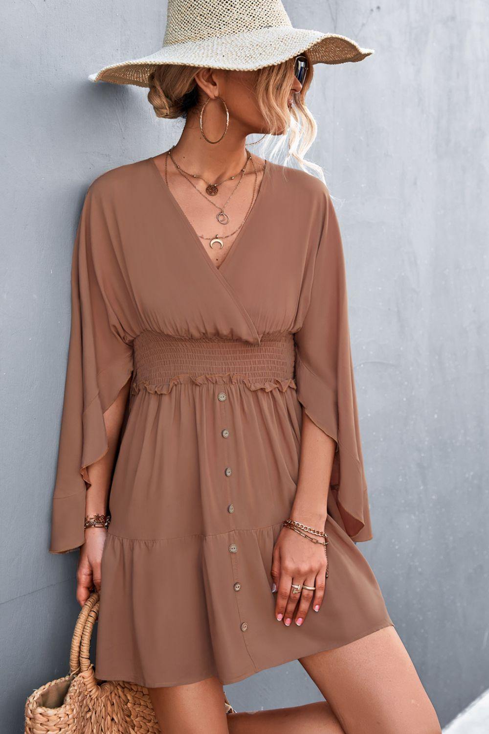 Decorative Button Smocked Waist Surplice Dress - Trendsi