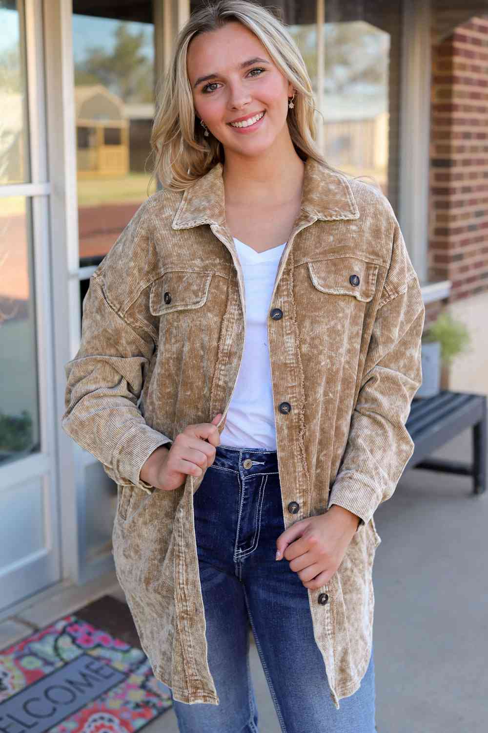 Washed Button Down Dropped Shoulder Jacket - Trendsi - Flyclothing LLC