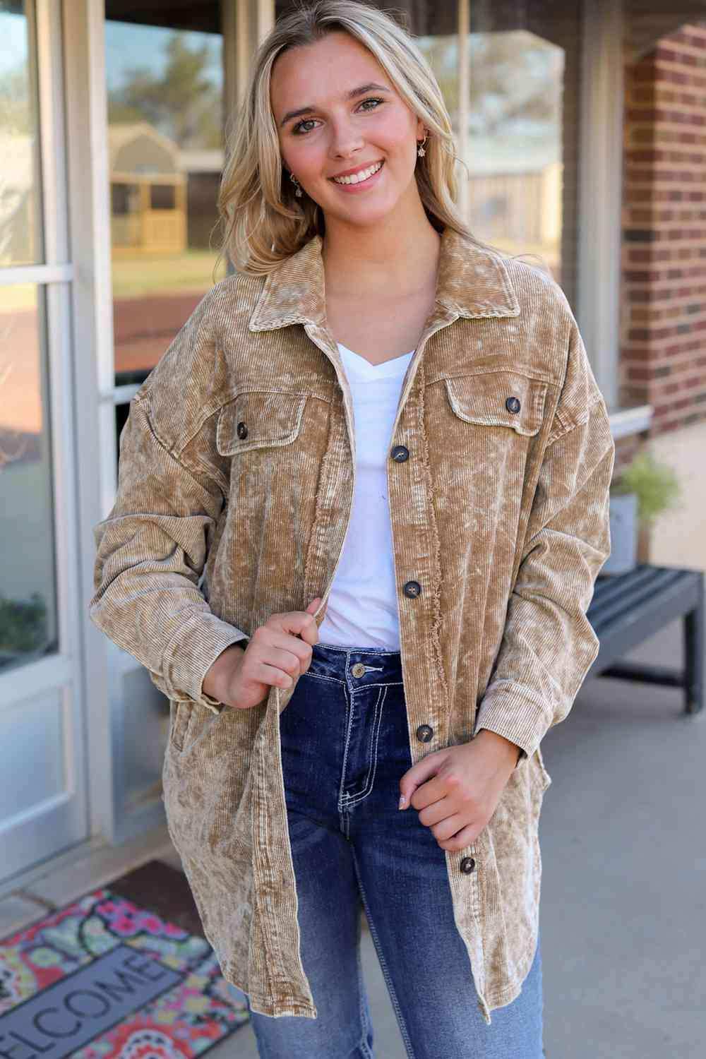 Washed Button Down Dropped Shoulder Jacket - Trendsi - Flyclothing LLC