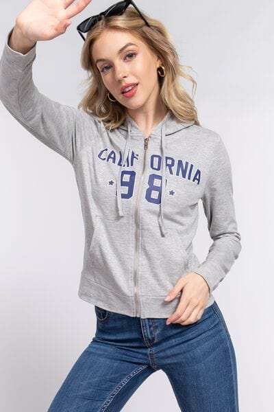 ACTIVE BASIC CALIFORNIA Zip Up Drawstring Long Sleeve Hoodie - Trendsi - Flyclothing LLC