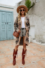Printed Long Sleeve Cardigan with Pocket - Trendsi - Flyclothing LLC