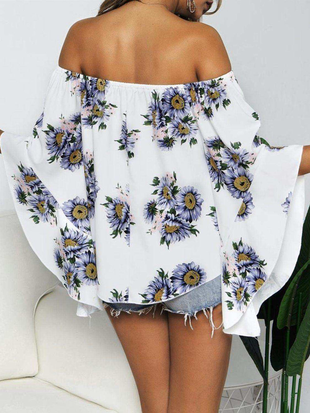 Floral Print Off-Shoulder Flounce Sleeve Blouse - Trendsi - Flyclothing LLC