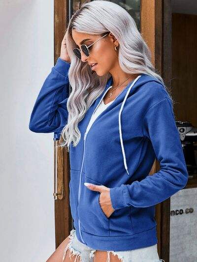 Drawstring Zip Up Hooded Jacket - Trendsi - Flyclothing LLC