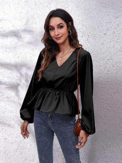V-Neck Balloon Sleeve Peplum Blouse - Trendsi - Flyclothing LLC