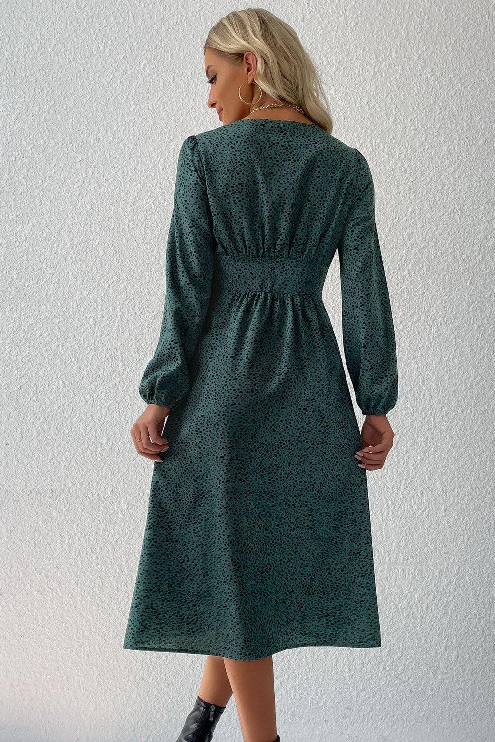 Printed Button Down V-Neck Midi Dress - Trendsi
